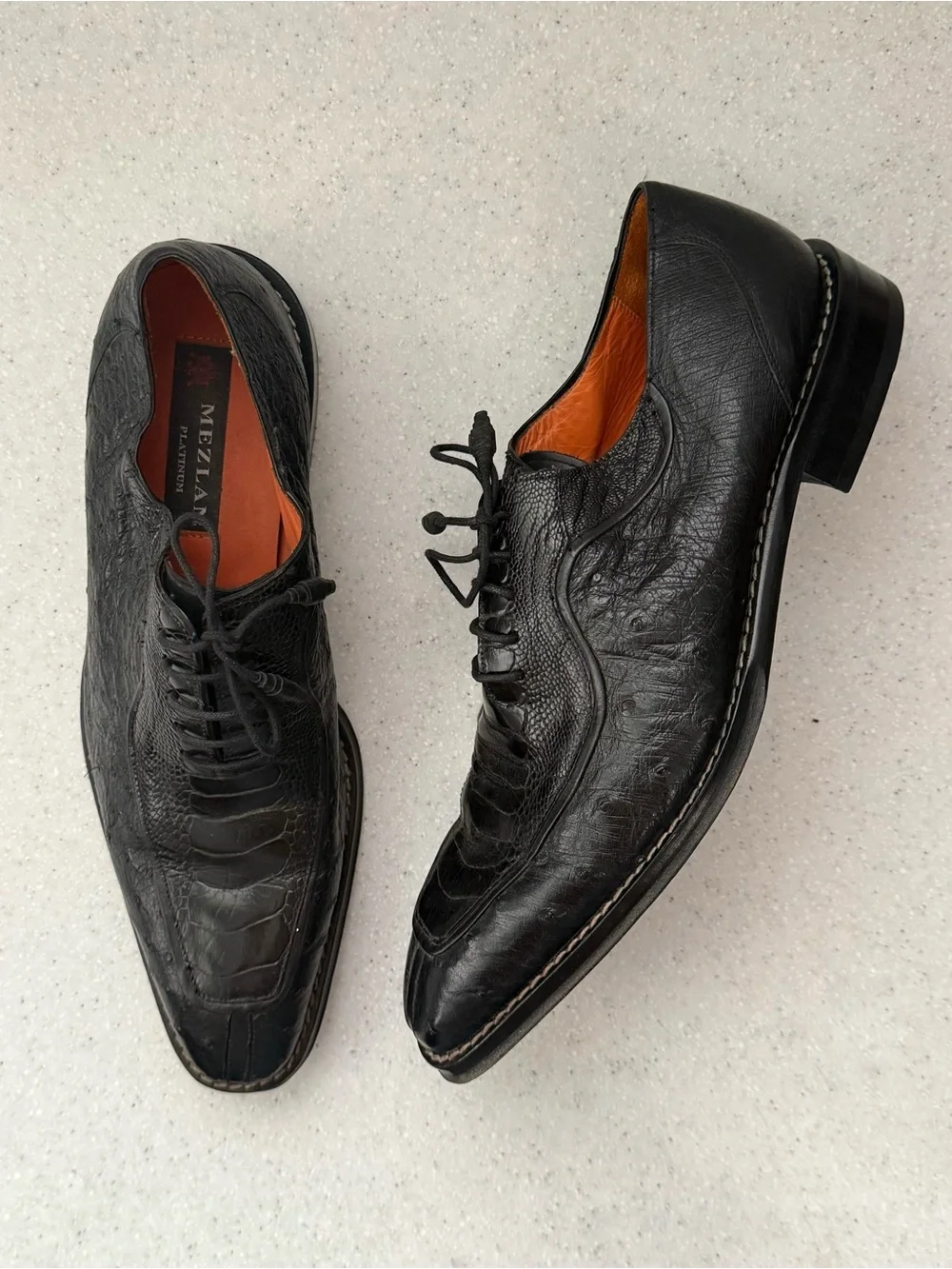 Mezlan Platinum Men’s Black Ostrich Leather Lace-up Wingtip Oxfords Spain 10.5